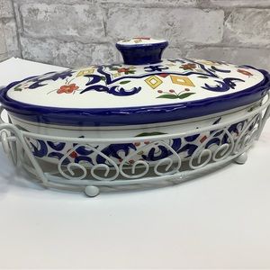 Temptations Ovenware Tara Large Oval Casserole Cover White Wire Carrier Rare 8”